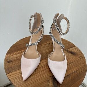 Jewel Badgley Mischka Blush Satin Heels with Silver Embellishments